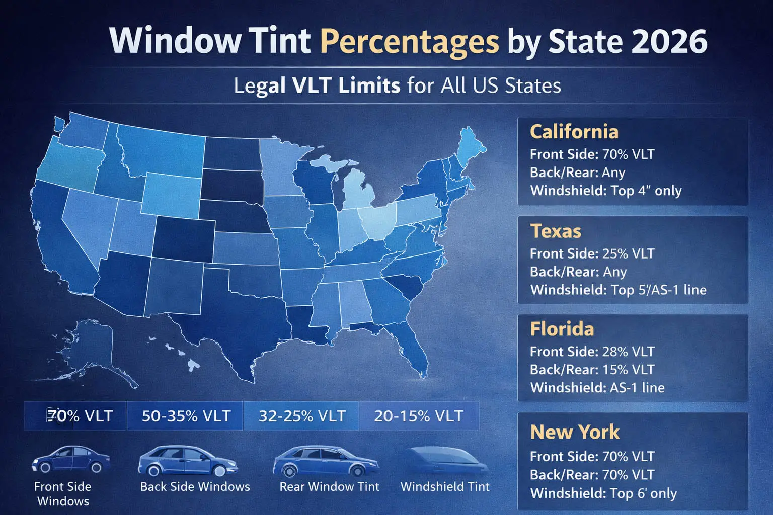 Window Tint Percentages by State 2026: Understand Legal Limits Across the US
